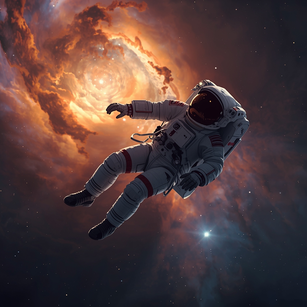 Futuristic astronaut floating in zero gravity near a glowing nebula, high detail digital art, cinematic lighting, no woman